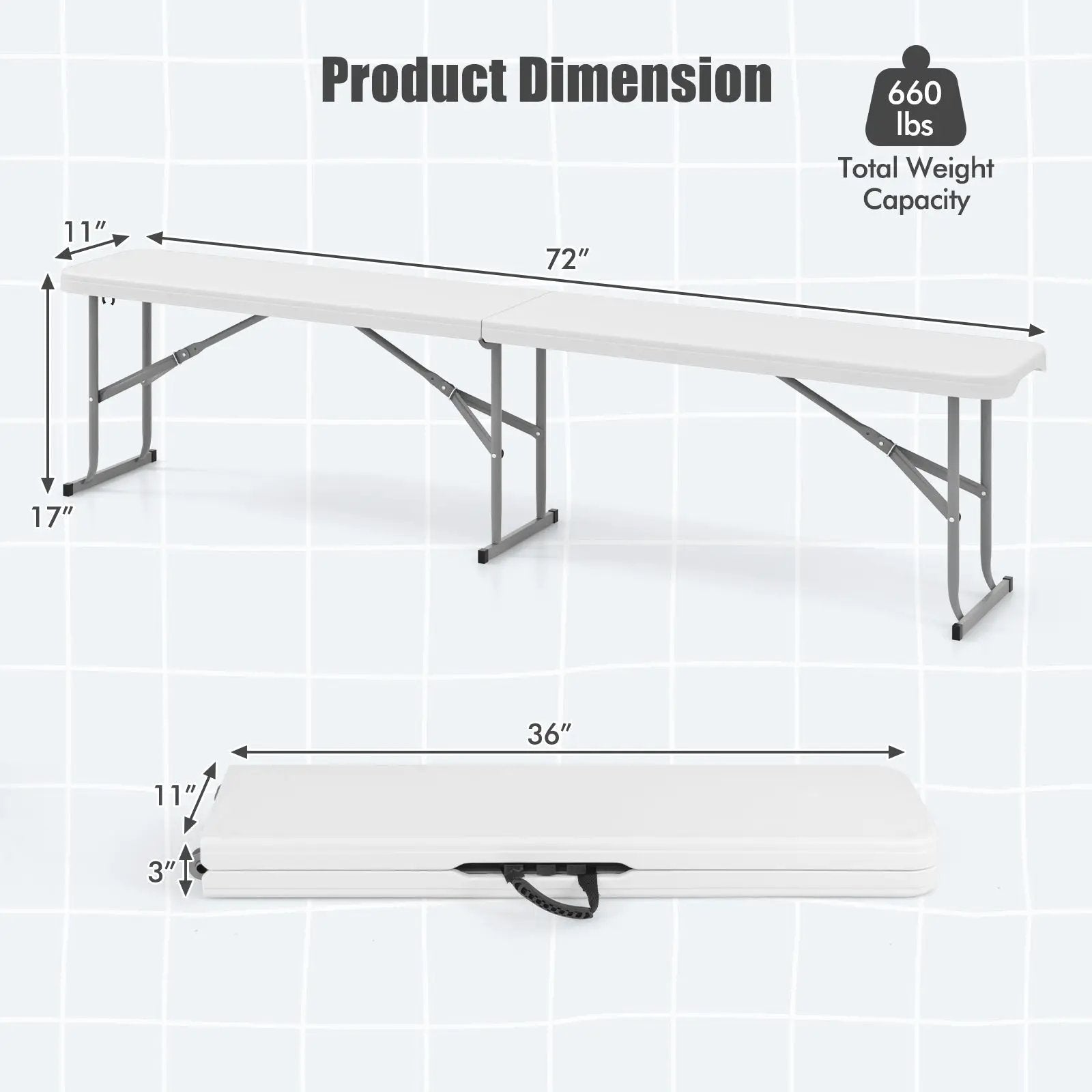 6 Feet Plastic Folding Bench Picnic Camping Dining Seat with Carrying Handle-White by DirectDeals