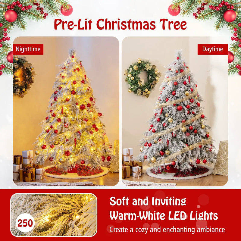 4.5/6/7 Feet Pre-Lit Snow Flocked Christmas Tree with Warm White LED Lights by DirectDeals