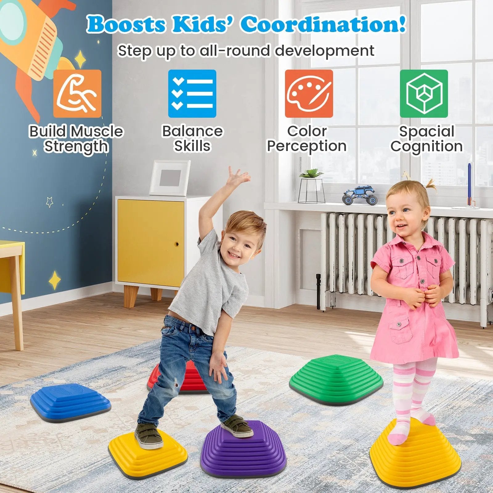 6 Pieces Kids Stepping Stone Square Balance Blocks Indoor Outdoor-Multicolor by DirectDeals