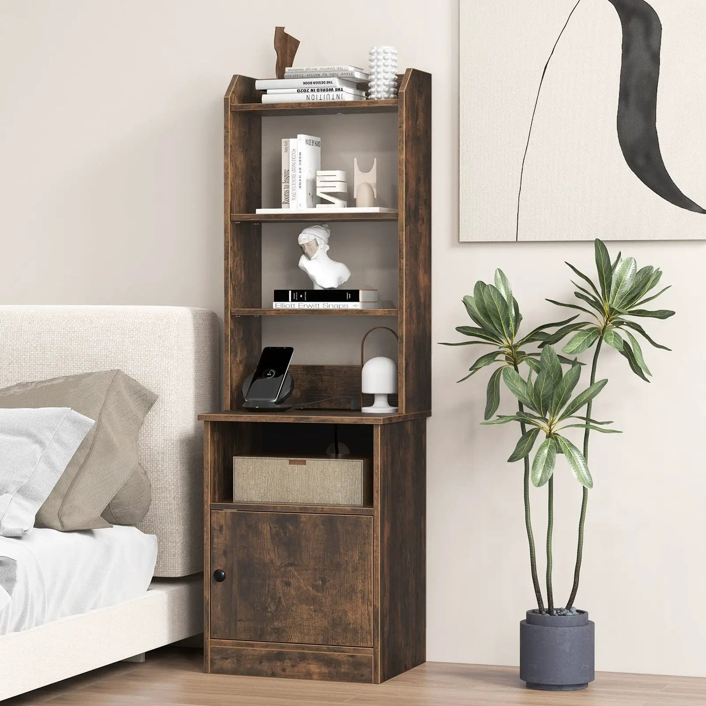 6-Tier Bookshelf Nightstand with Charging Station and Cabinet by DirectDeals