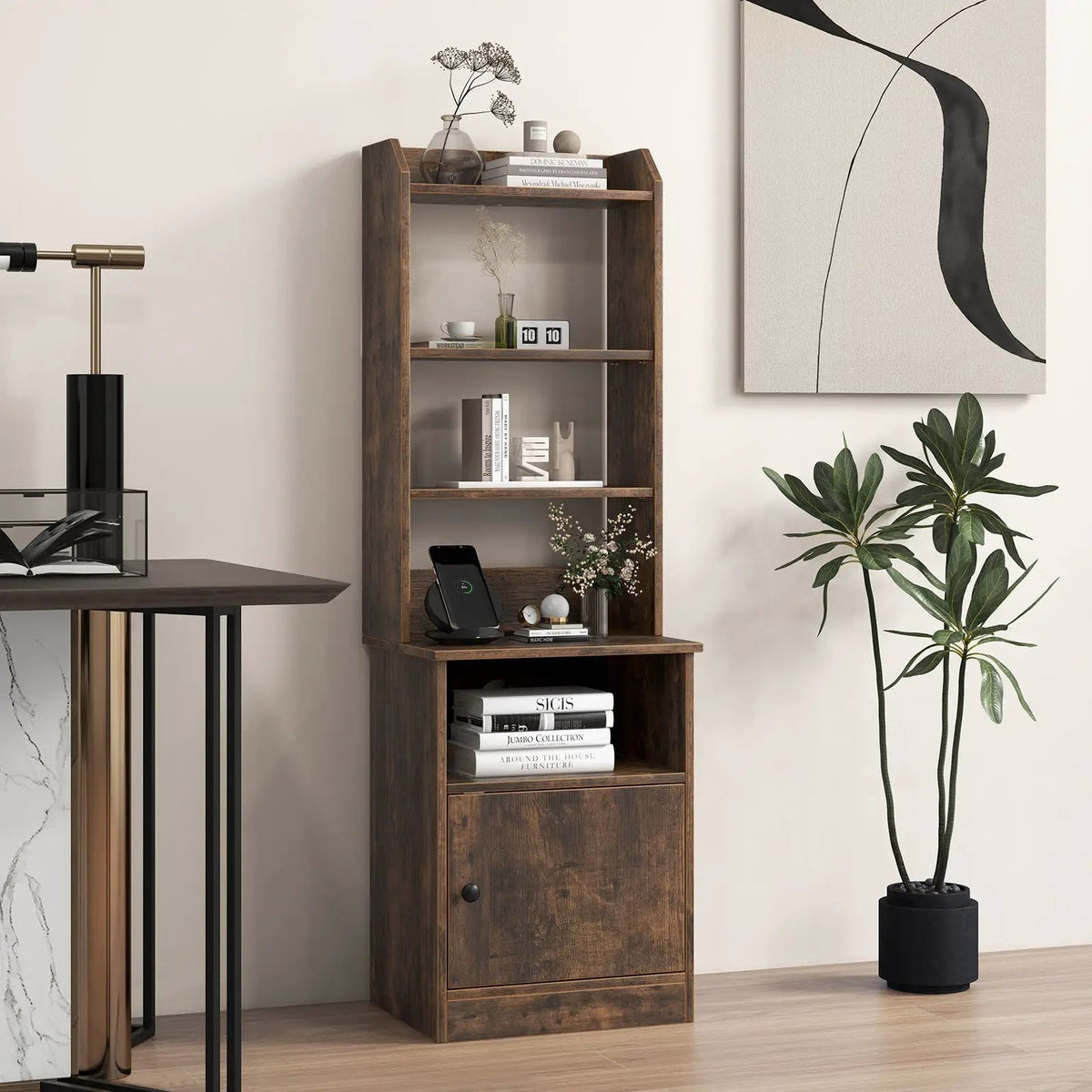 6-Tier Bookshelf Nightstand with Charging Station and Cabinet by DirectDeals