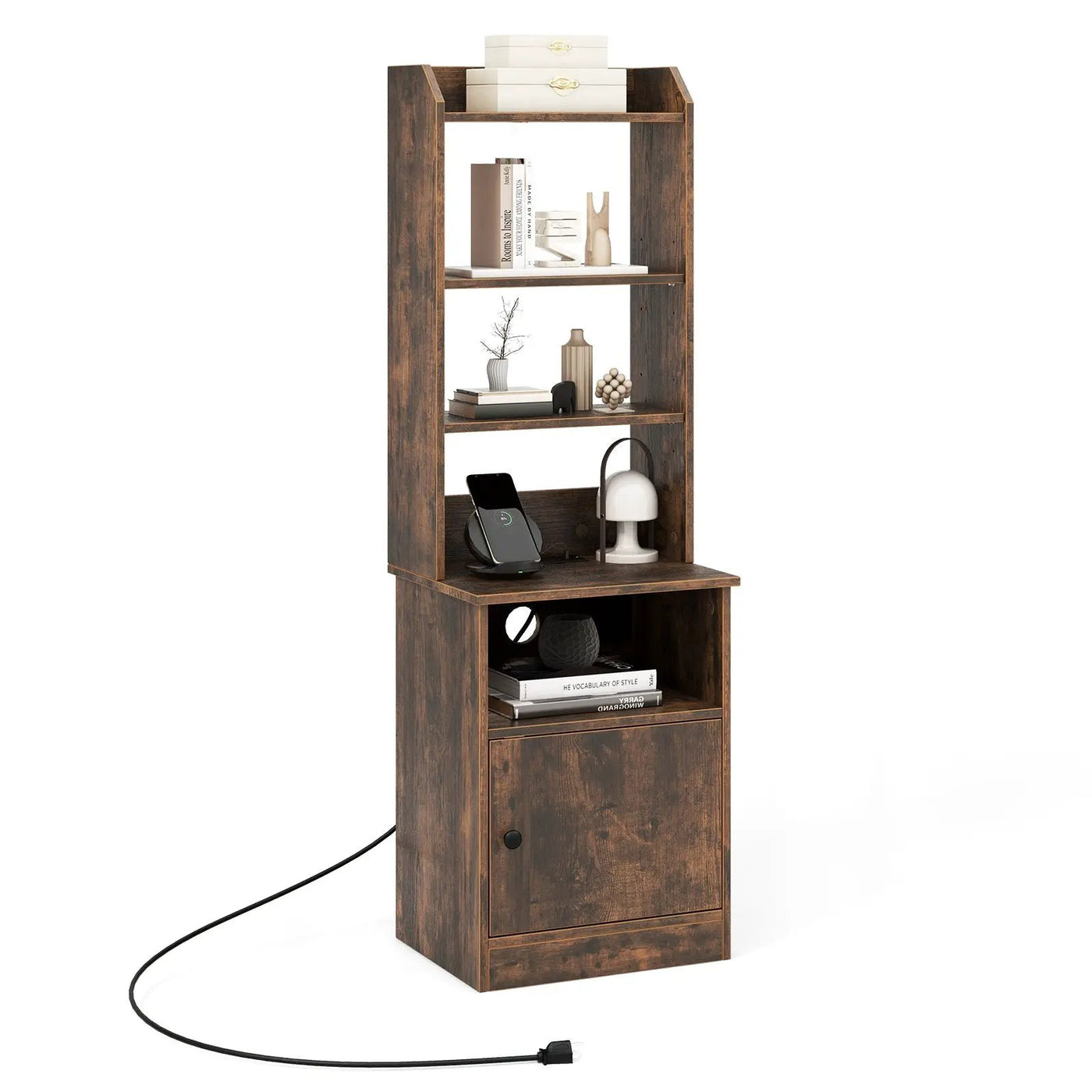 6-Tier Bookshelf Nightstand with Charging Station and Cabinet by DirectDeals