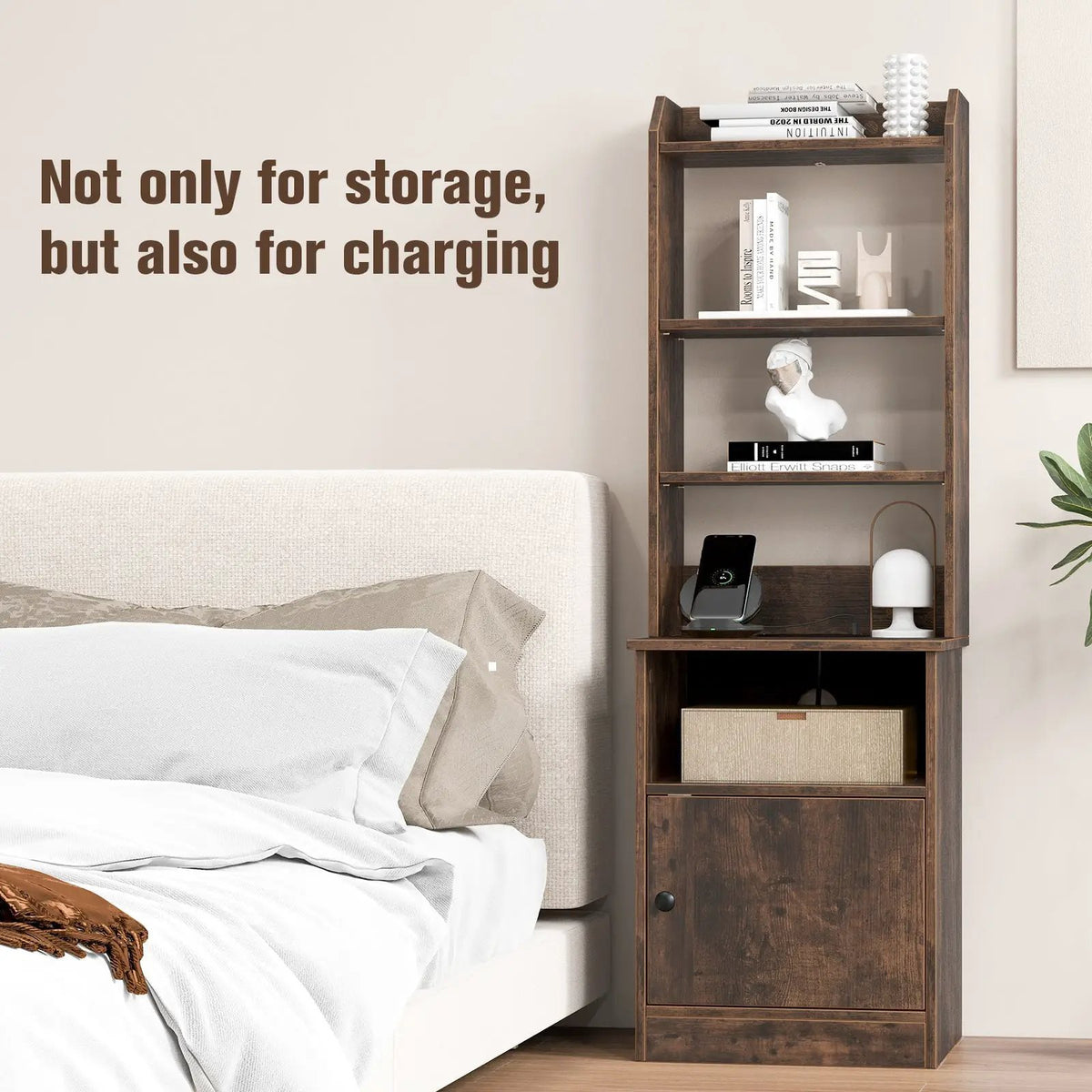 6-Tier Bookshelf Nightstand with Charging Station and Cabinet by DirectDeals