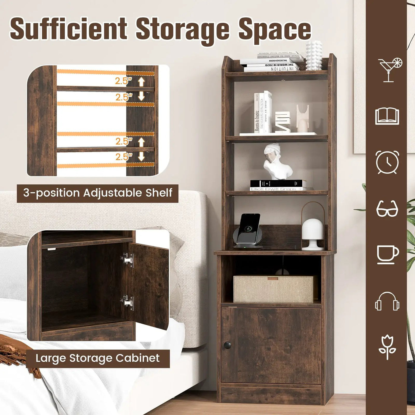 6-Tier Bookshelf Nightstand with Charging Station and Cabinet by DirectDeals
