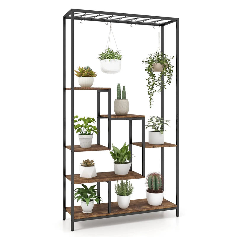 6-Tier Tall Plant Stand 71 Inch Metal Indoor Plant Shelf with 10 Hanging Hooks by DirectDeals