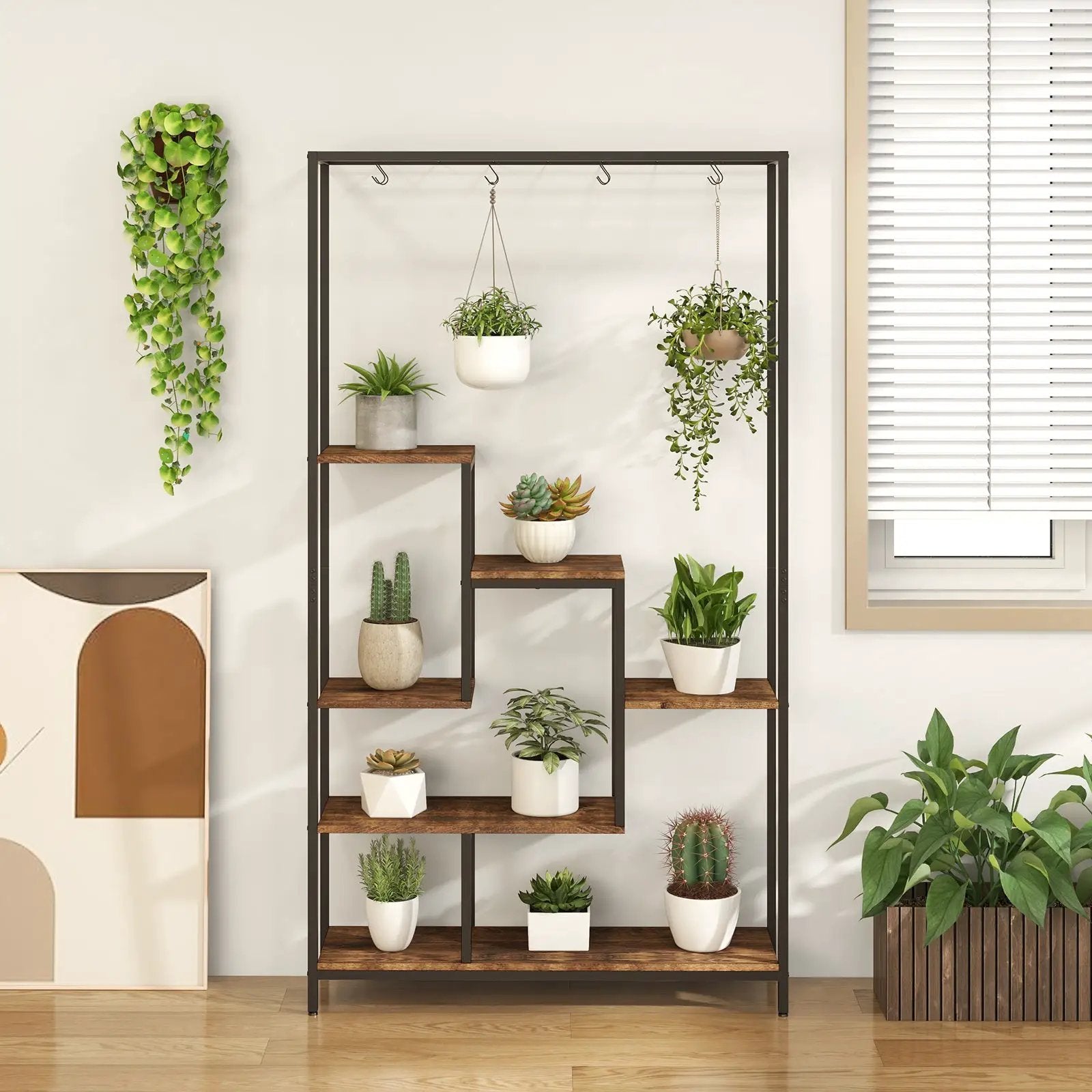 6-Tier Tall Plant Stand 71 Inch Metal Indoor Plant Shelf with 10 Hanging Hooks by DirectDeals