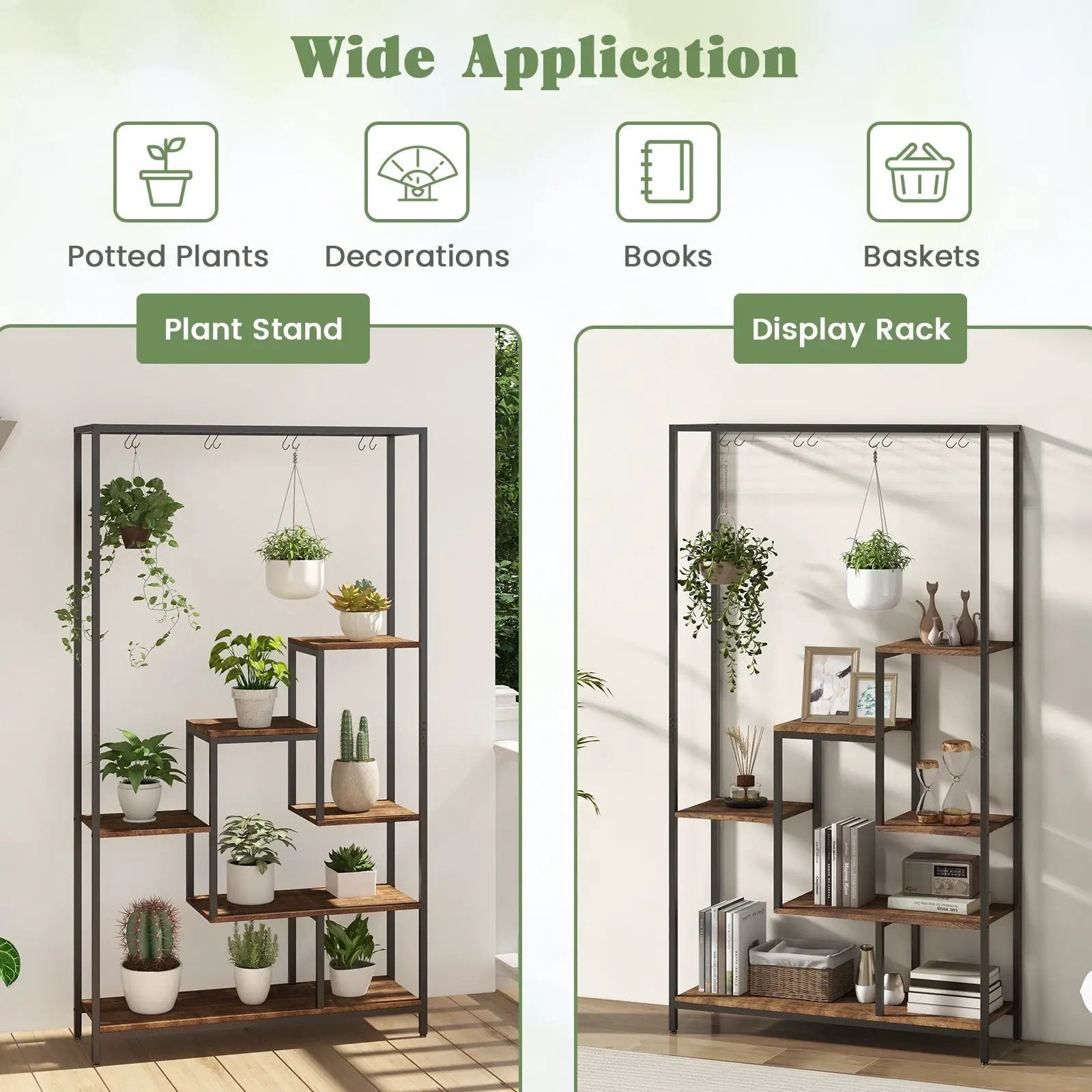 6-Tier Tall Plant Stand 71 Inch Metal Indoor Plant Shelf with 10 Hanging Hooks by DirectDeals