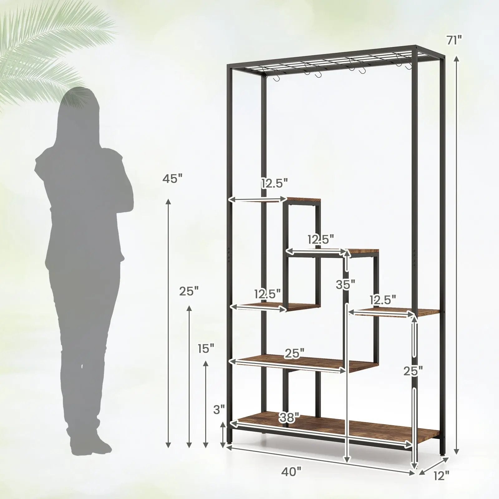 6-Tier Tall Plant Stand 71 Inch Metal Indoor Plant Shelf with 10 Hanging Hooks by DirectDeals