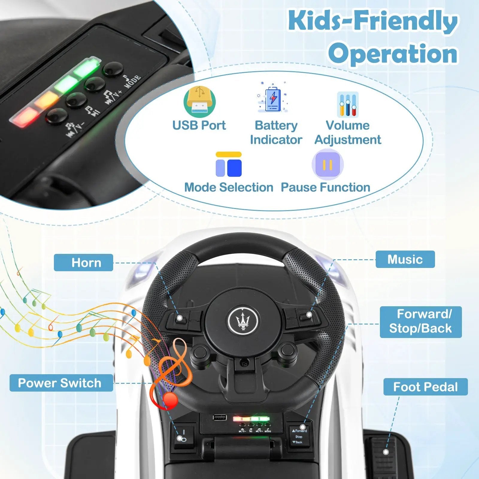 6V Electric Kids Ride on Push Car Maserati Licensed with Foot Pedal and Music by DirectDeals