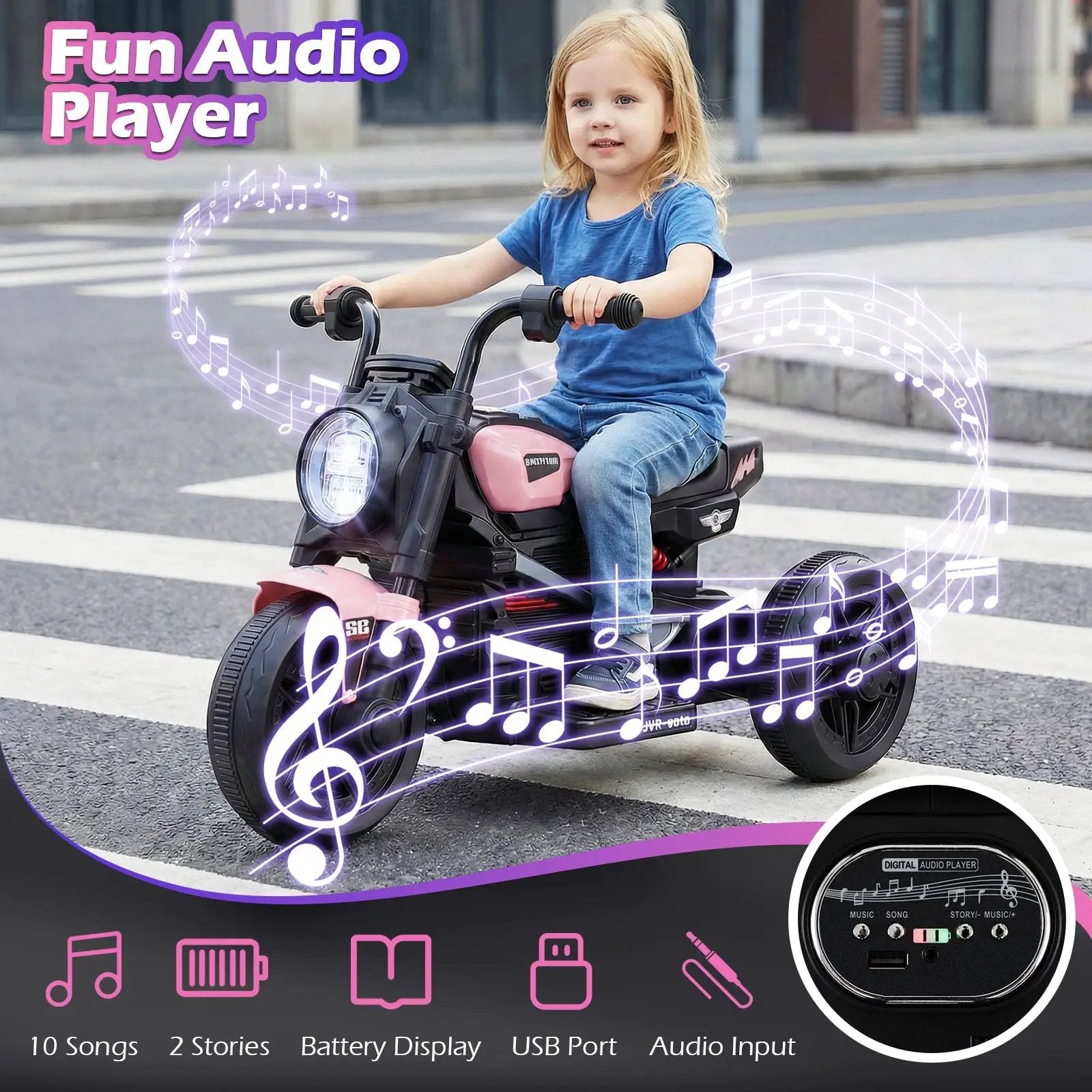 6V Kids Electric Motorcycle with LED Headlight and Music for Toddlers Aged 3-5 by DirectDeals