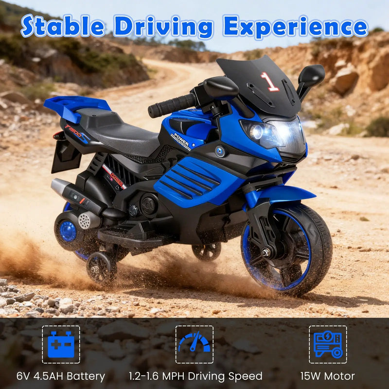 6V Kids Motorcycle with Headlights Music and Detachable Training Wheels by DirectDeals