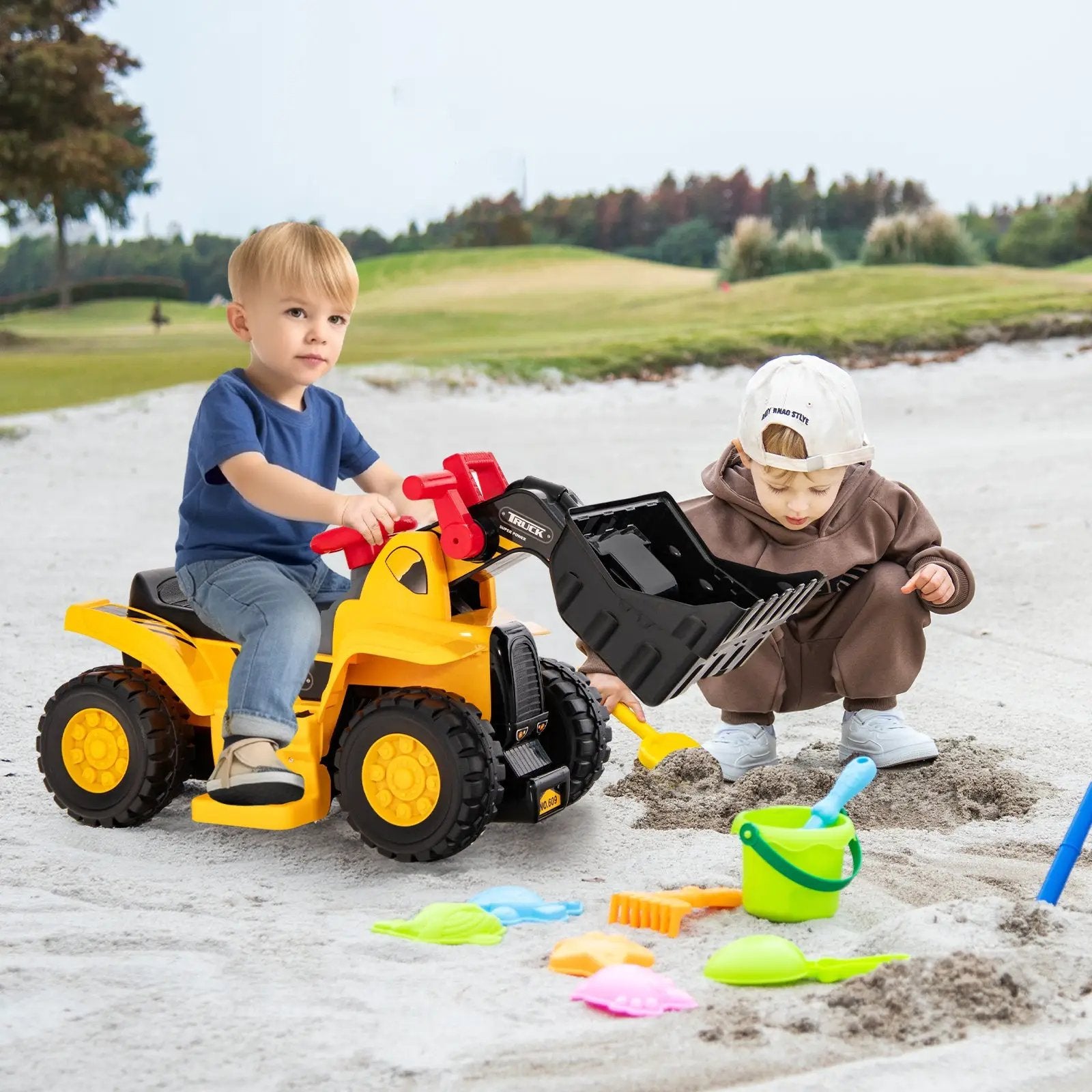 6V Kids Ride On Bulldozer with Folding Basketball Hoop and Balls by DirectDeals