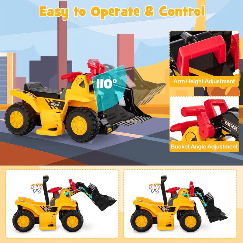 6V Kids Ride On Bulldozer with Folding Basketball Hoop and Balls by DirectDeals