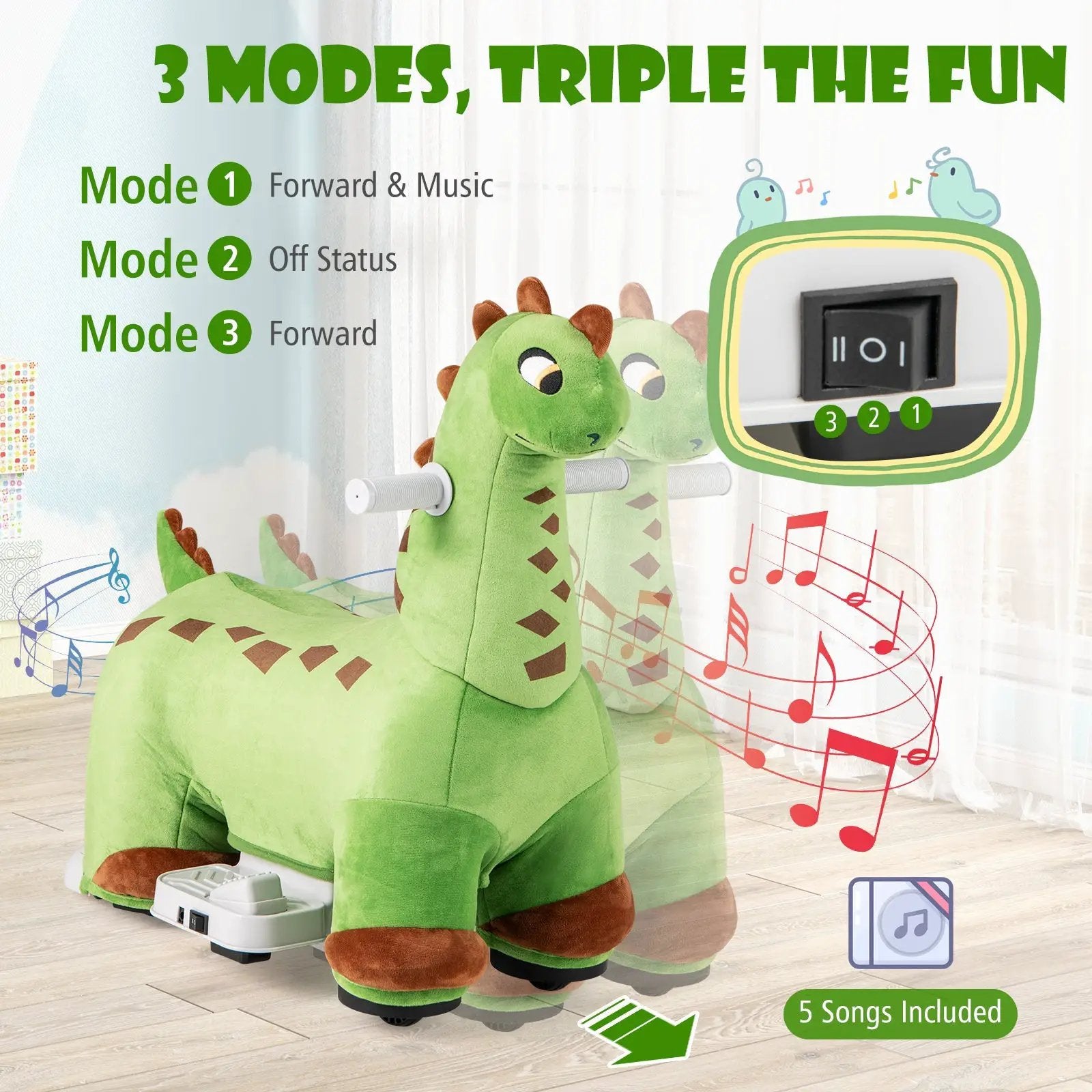 6V Kids Ride on Dinosaur with Foot Pedal and Padded Seat and Music-Green by DirectDeals