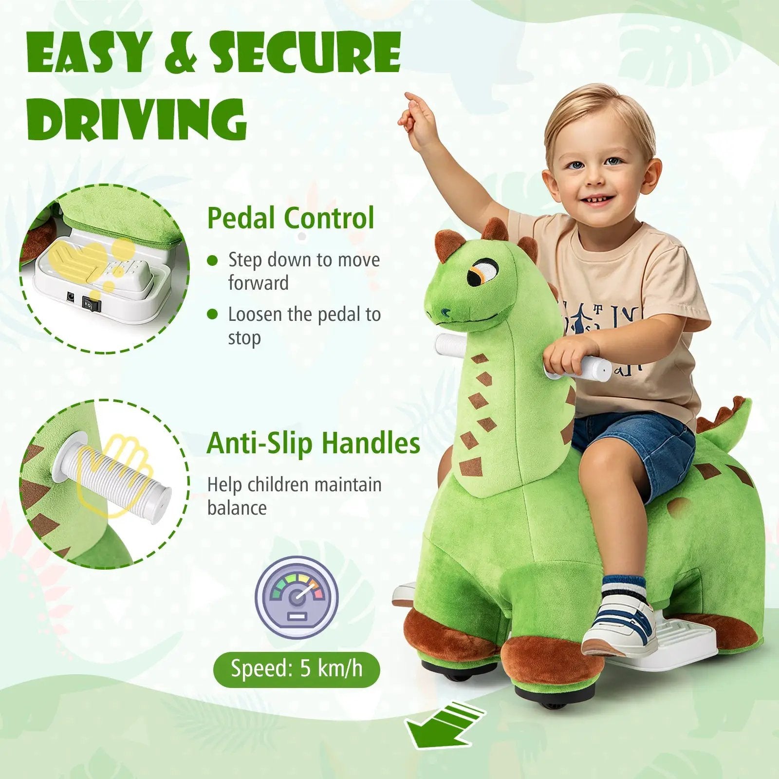 6V Kids Ride on Dinosaur with Foot Pedal and Padded Seat and Music-Green by DirectDeals