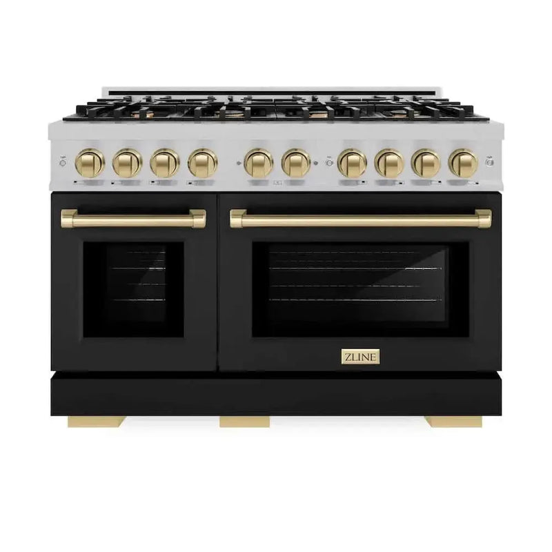 ZLINE 48" Select Gas Range Convection Gas Oven DuraSnow® Stainless Steel Black Matte Door Champagne Bronze HGRSZ-BLM-48-CB by Farmhouse Kitchen and Bath