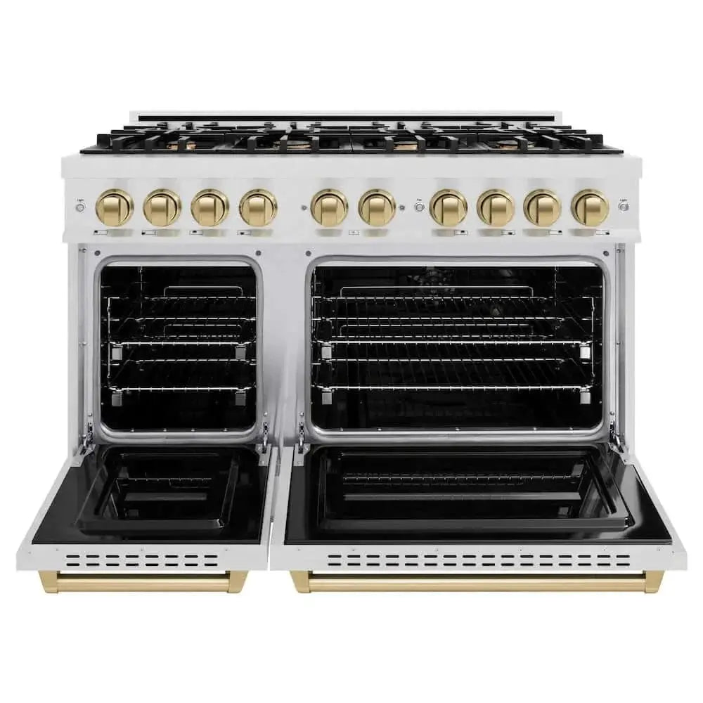 ZLINE 48" Dual Fuel Range, Gas Cooktop, Electric Convection Oven DuraSnow® Stainless Steel, Champagne Bronze CDRSZ-48-CB by Farmhouse Kitchen and Bath