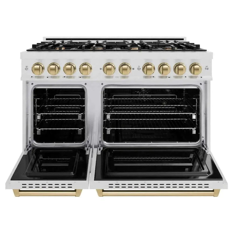 ZLINE 48" Classic Gas Range, Convection Gas Oven DuraSnow® Stainless Steel, Champagne Bronze CGRSZ-48-CB by Farmhouse Kitchen and Bath