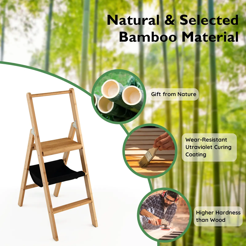 3 Step Foldable Bamboo Step Ladder Stool with Tool Storage Bag-Natural by DirectDeals