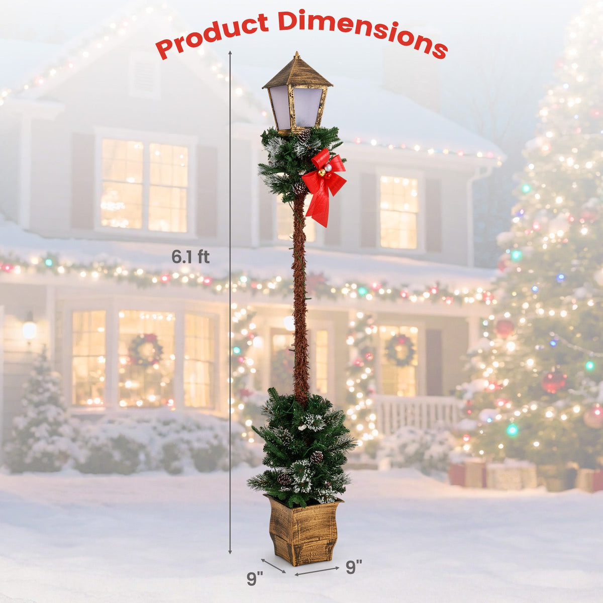 6.1 Feet Christmas Pre-lit Street Lamp with Artificial Greenery and Snow-flocked Branch Tips, photo 5 of 10
