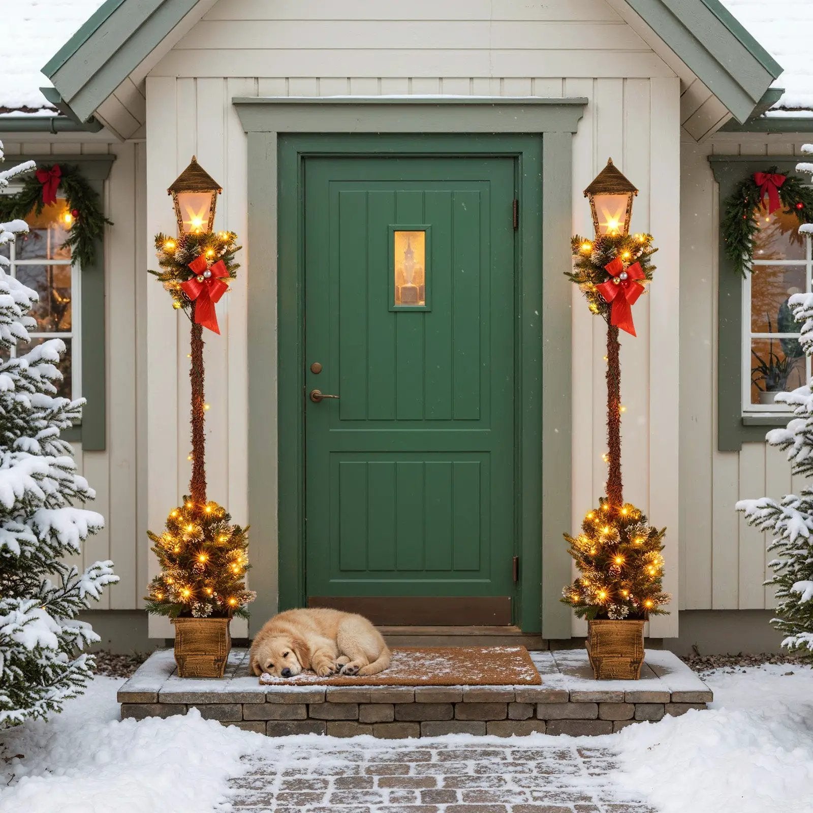 6.1 Feet Christmas Pre-lit Street Lamp with Artificial Greenery and Snow-flocked Branch Tips by DirectDeals
