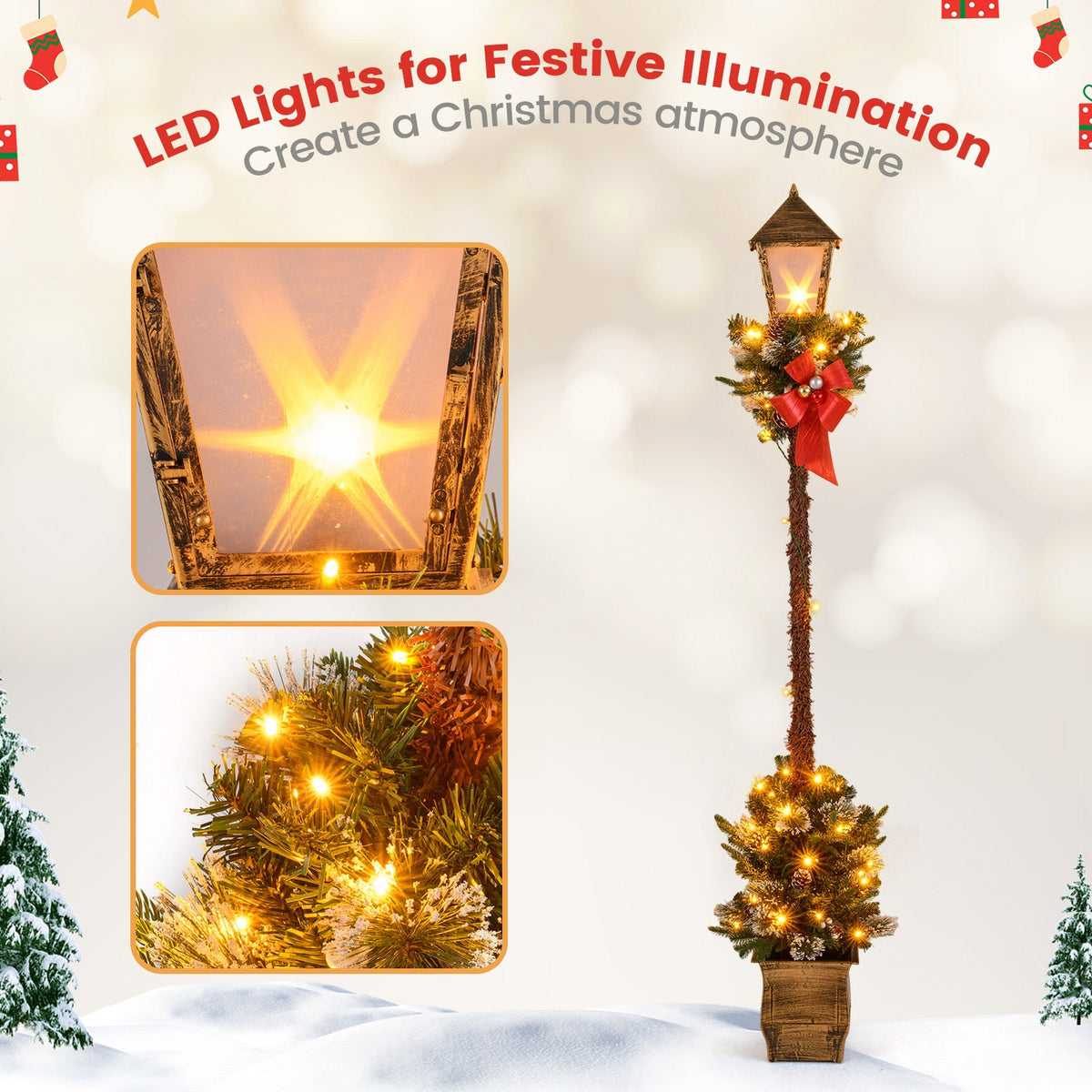 6.1 Feet Christmas Pre-lit Street Lamp with Artificial Greenery and Snow-flocked Branch Tips, photo 6 of 10