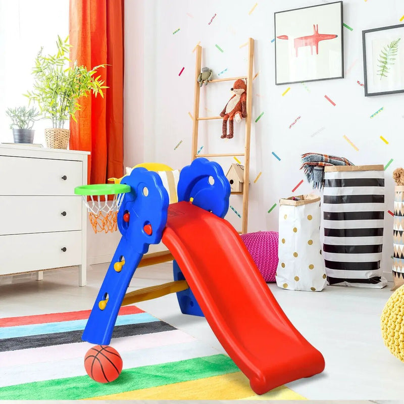 2 Step Indoors Kids Plastic Folding Slide with Basketball Hoop by DirectDeals