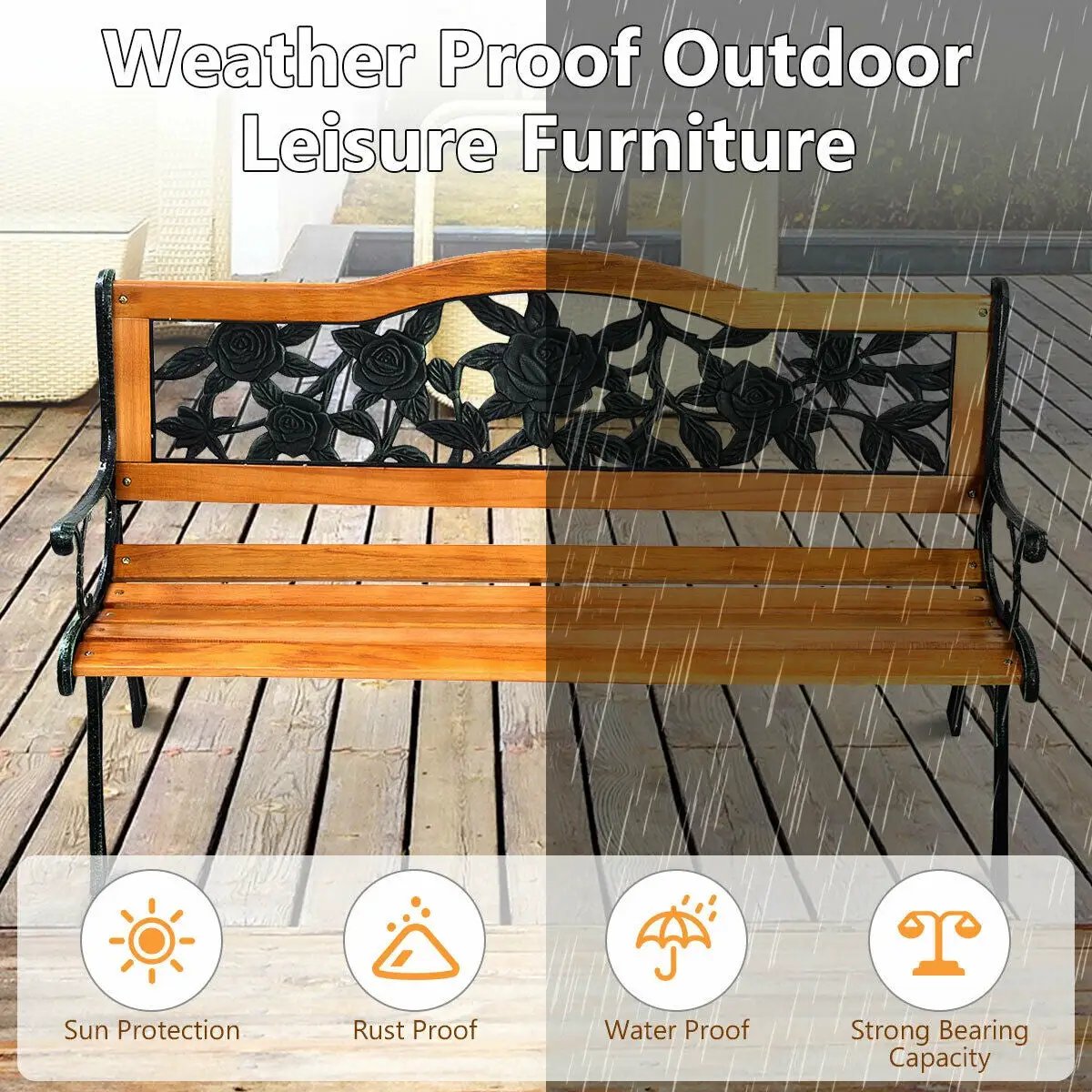 Garden Bench Chair Outdoor Wooden Loveseat with Iron Armrest by DirectDeals