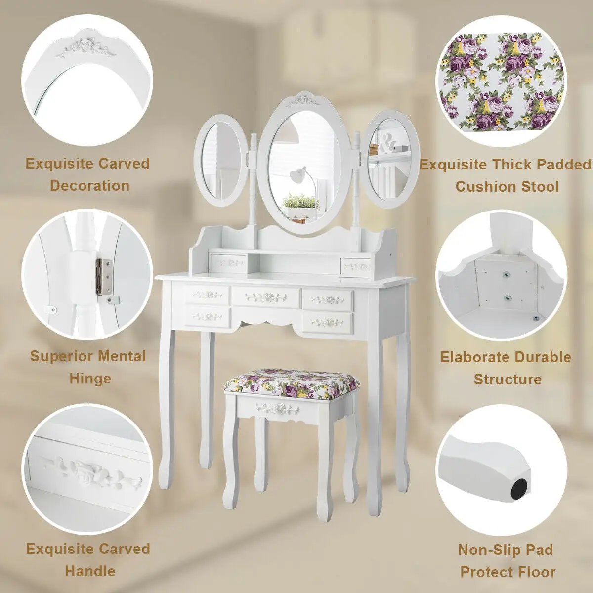 7 Drawer Tri-Folding Mirror Dressing Vanity Makeup Set by DirectDeals