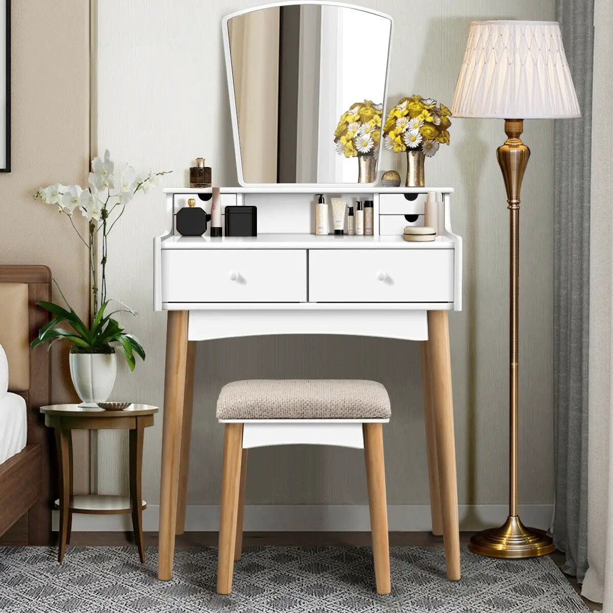 Makeup Vanity Set with 6 Drawers and Unique Shape Mirror by DirectDeals