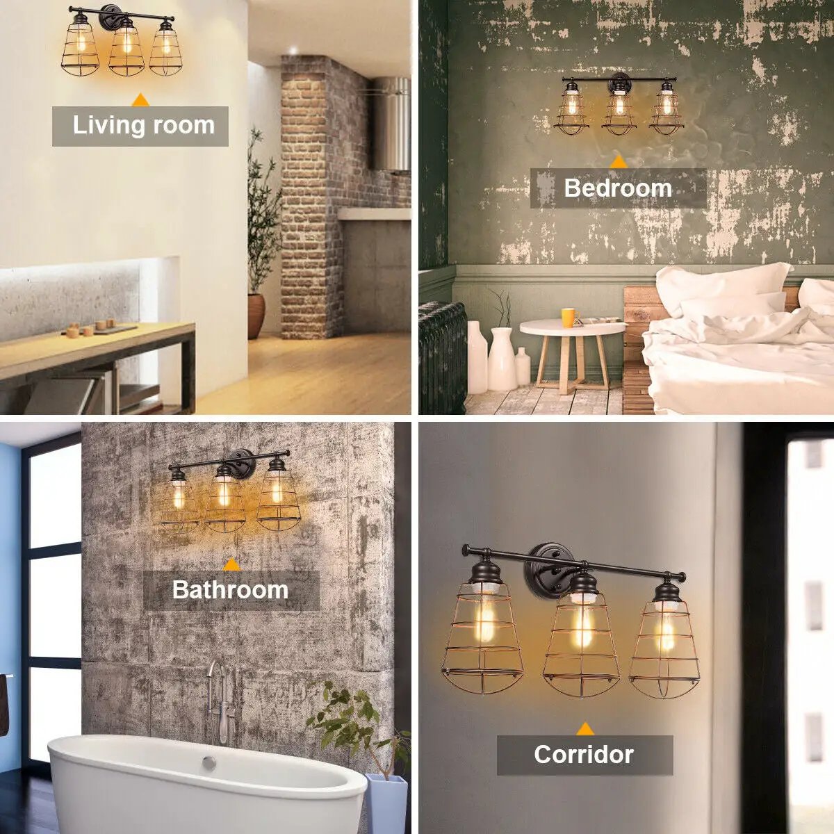 3-Light Vanity Lamp Bathroom Fixture with Metal Wire Cage by DirectDeals