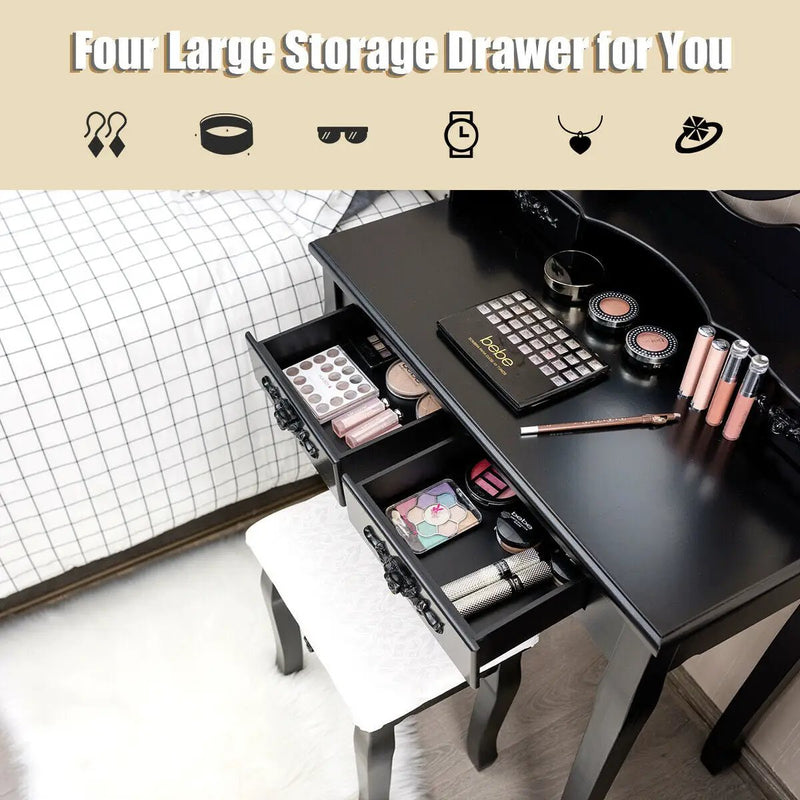 Makeup Dressing Table with Touch Switch Lighted Mirror and Cushioned Stool by DirectDeals