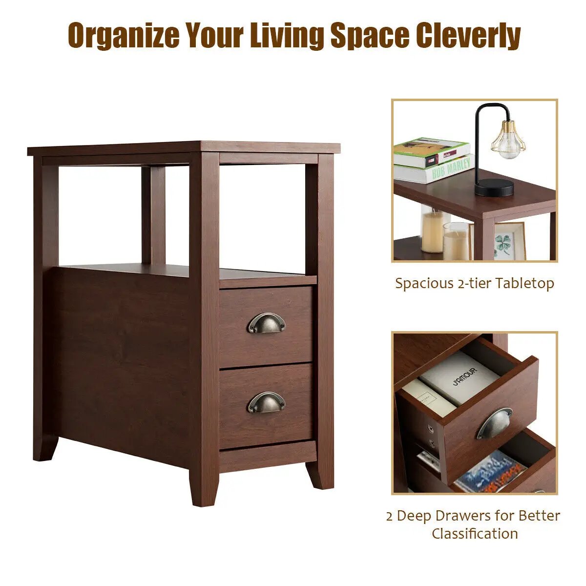 Set of 2 End Table Wooden with 2 Drawer & Shelf Bedside Table by DirectDeals