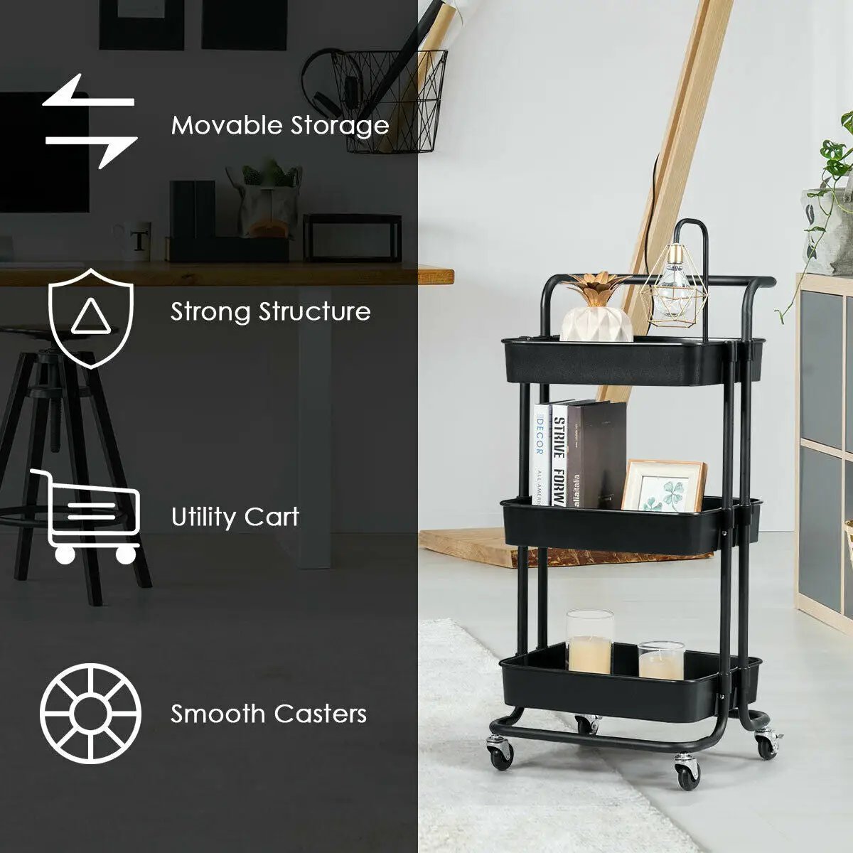 3-Tier Utility Cart Storage Rolling Cart with Casters by DirectDeals