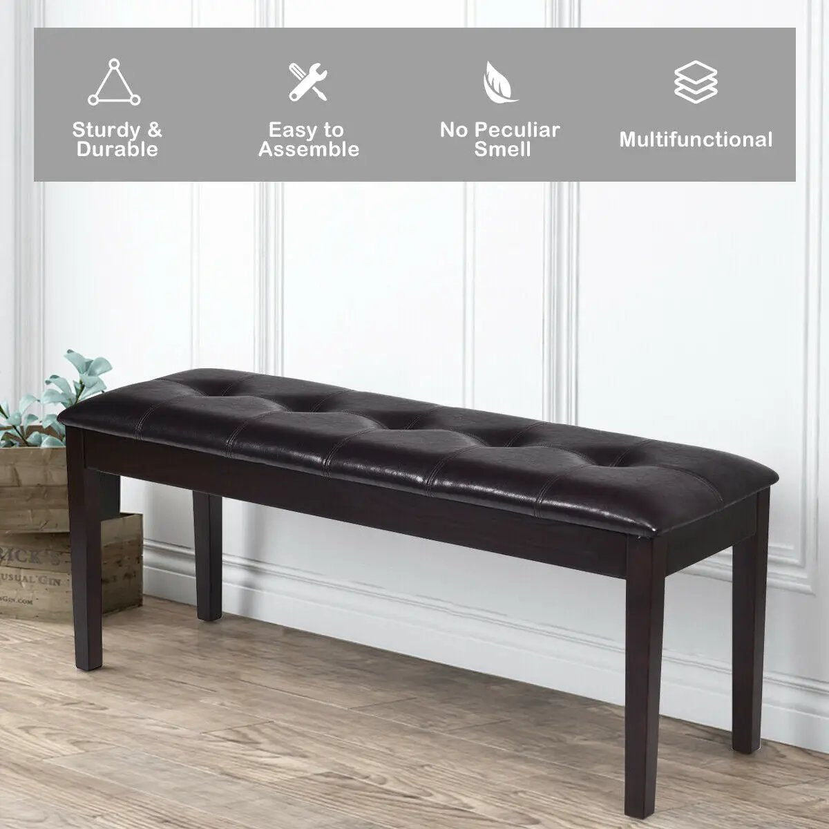 Upholstered Dining Room PU Bench Solid Wood Button Tufted by DirectDeals