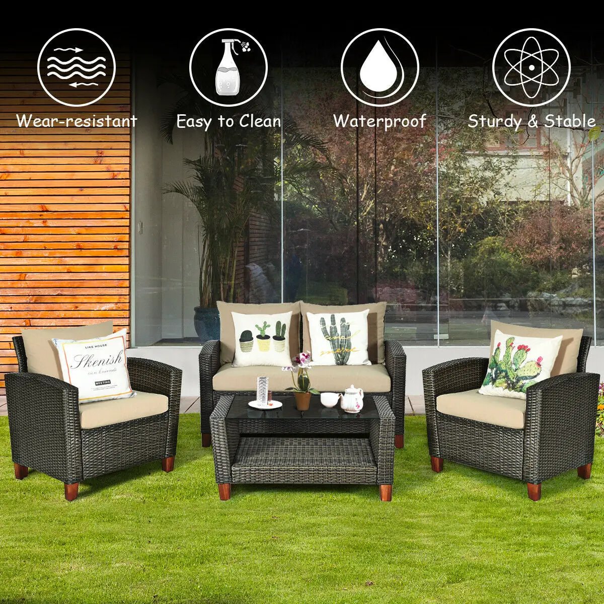 4 Pieces Patio Rattan Furniture Set with Cushions by DirectDeals