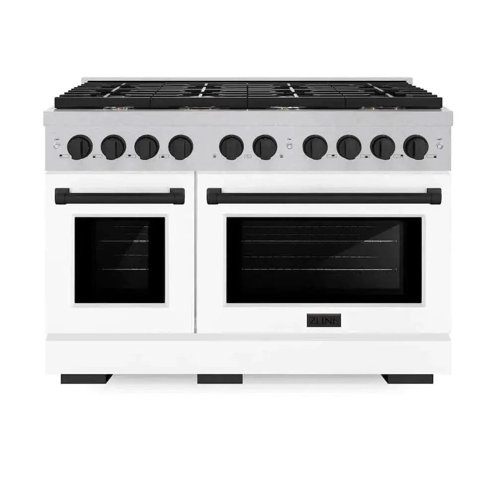 ZLINE 48"Gas Range, Convection Gas Oven, DuraSnow® White Matte, Matte Black SGRSZ-WM-48-MB by Farmhouse Kitchen and Bath