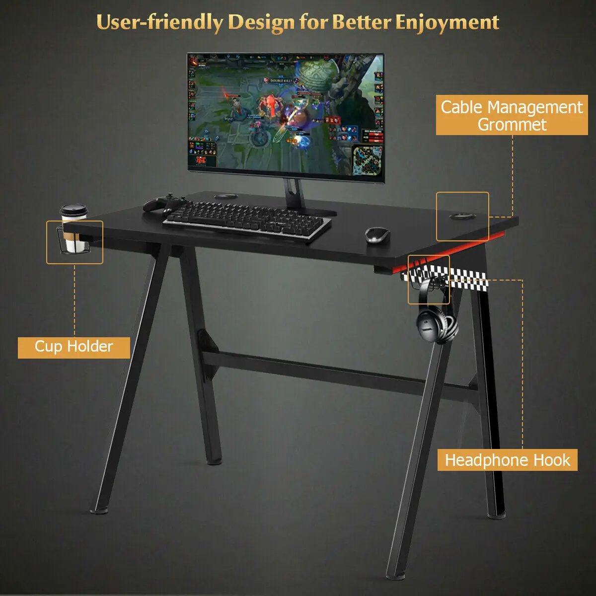 Ergonomic Computer Gaming Desk with Cup Holder and Headphone Hook by DirectDeals