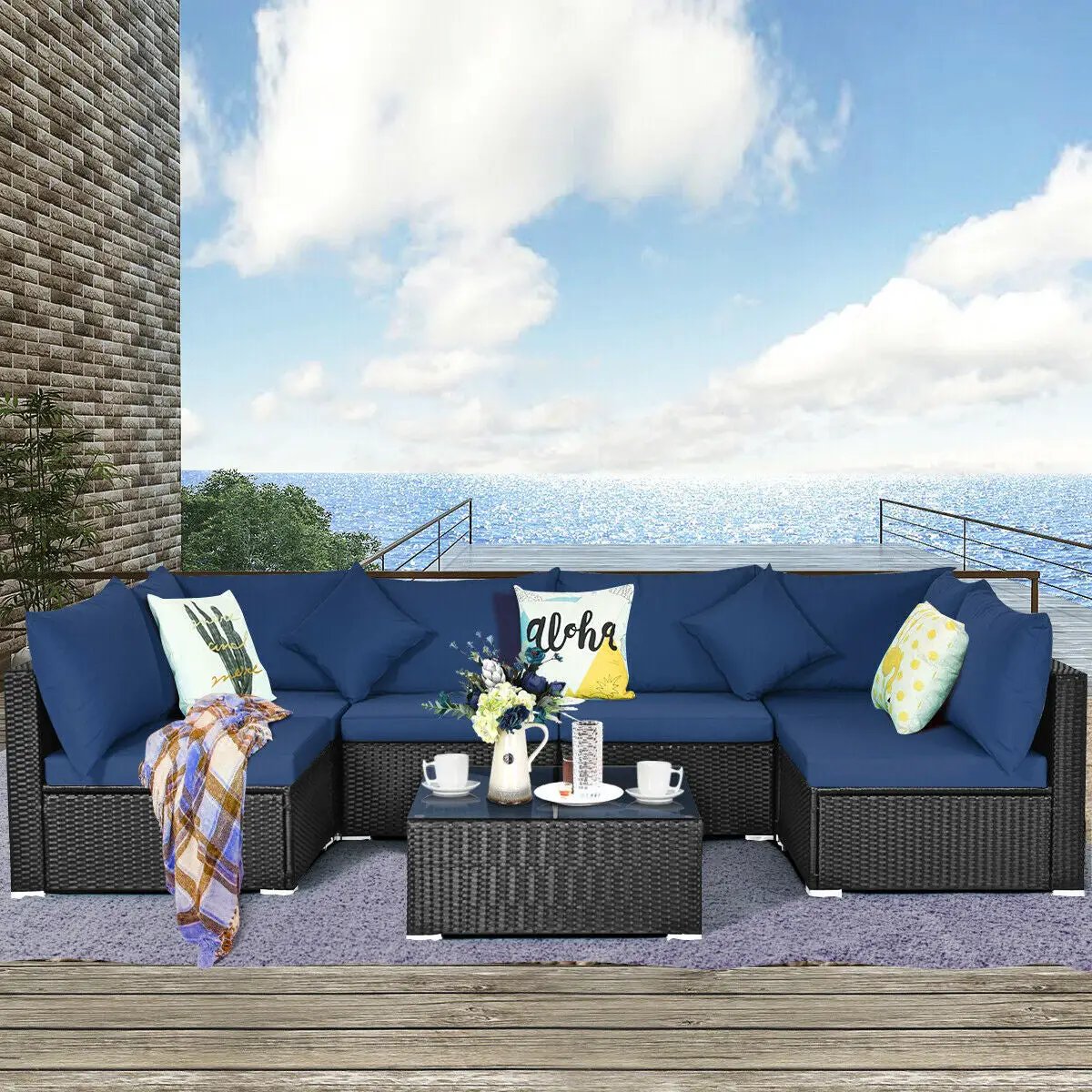 7 Pieces Sectional Wicker Furniture Sofa Set with Tempered Glass Top-Red by DirectDeals