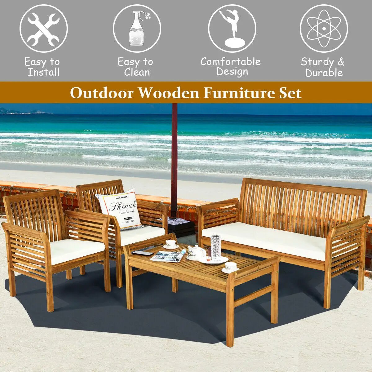 4 Pieces Outdoor Acacia Wood Sofa Furniture Set by DirectDeals