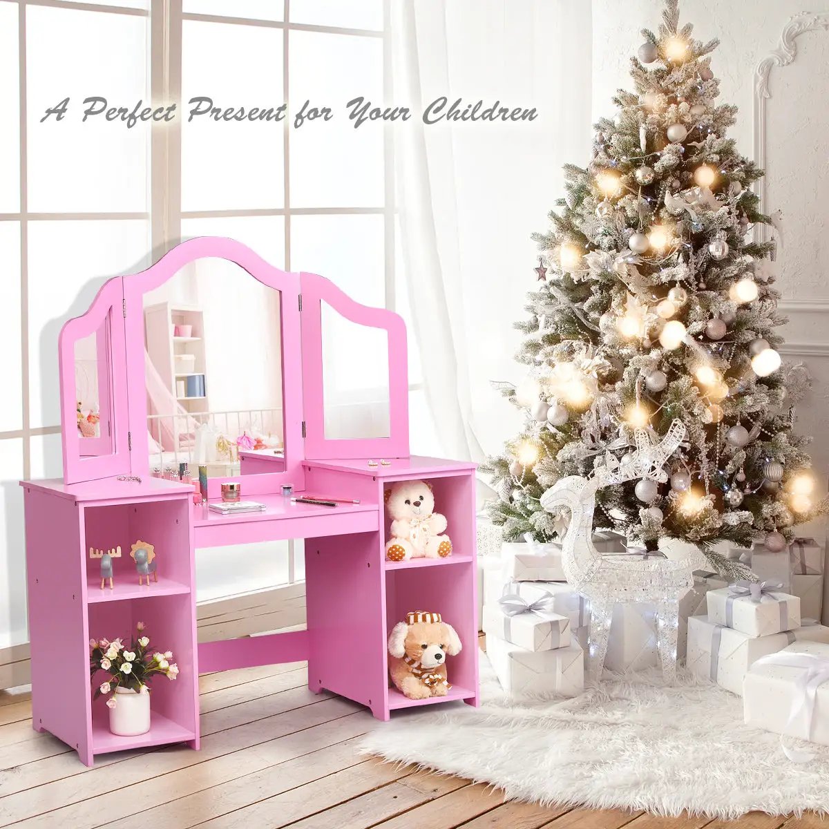 Kids Tri Folding Mirror Makeup Dressing Vanity Table Set by DirectDeals