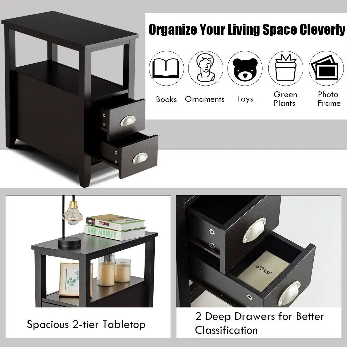 Set of 2 End Table Wooden with 2 Drawer & Shelf Bedside Table by DirectDeals