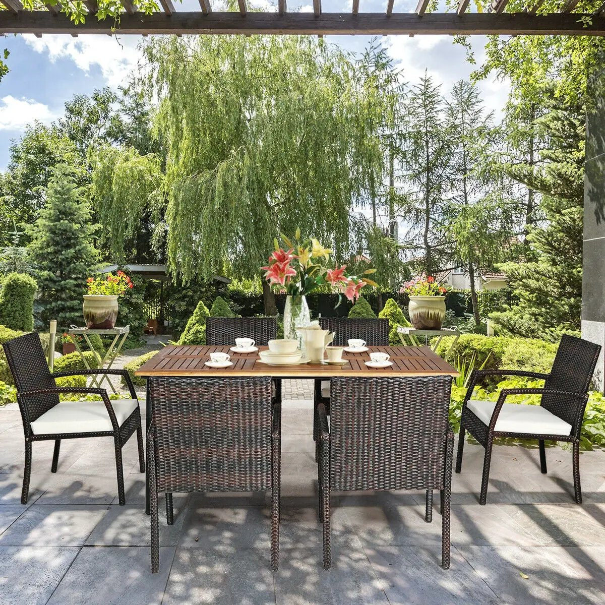7Pcs Patio Rattan Cushioned Dining Set with Umbrella Hole by DirectDeals