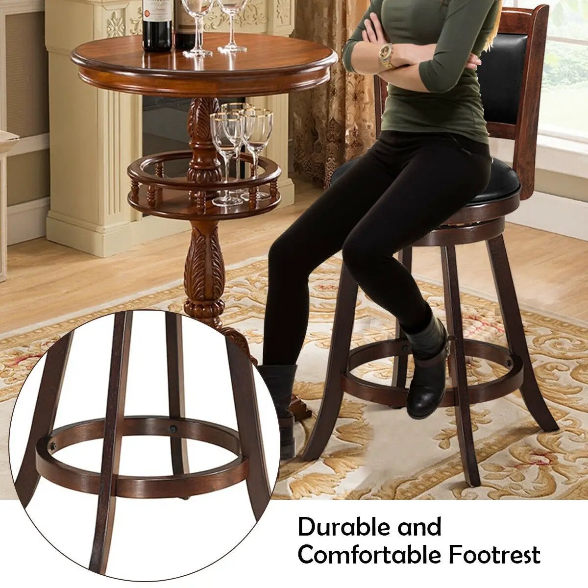 29 Inch Swivel Bar Height Stool Wooden Upholstered Dining Chair by DirectDeals
