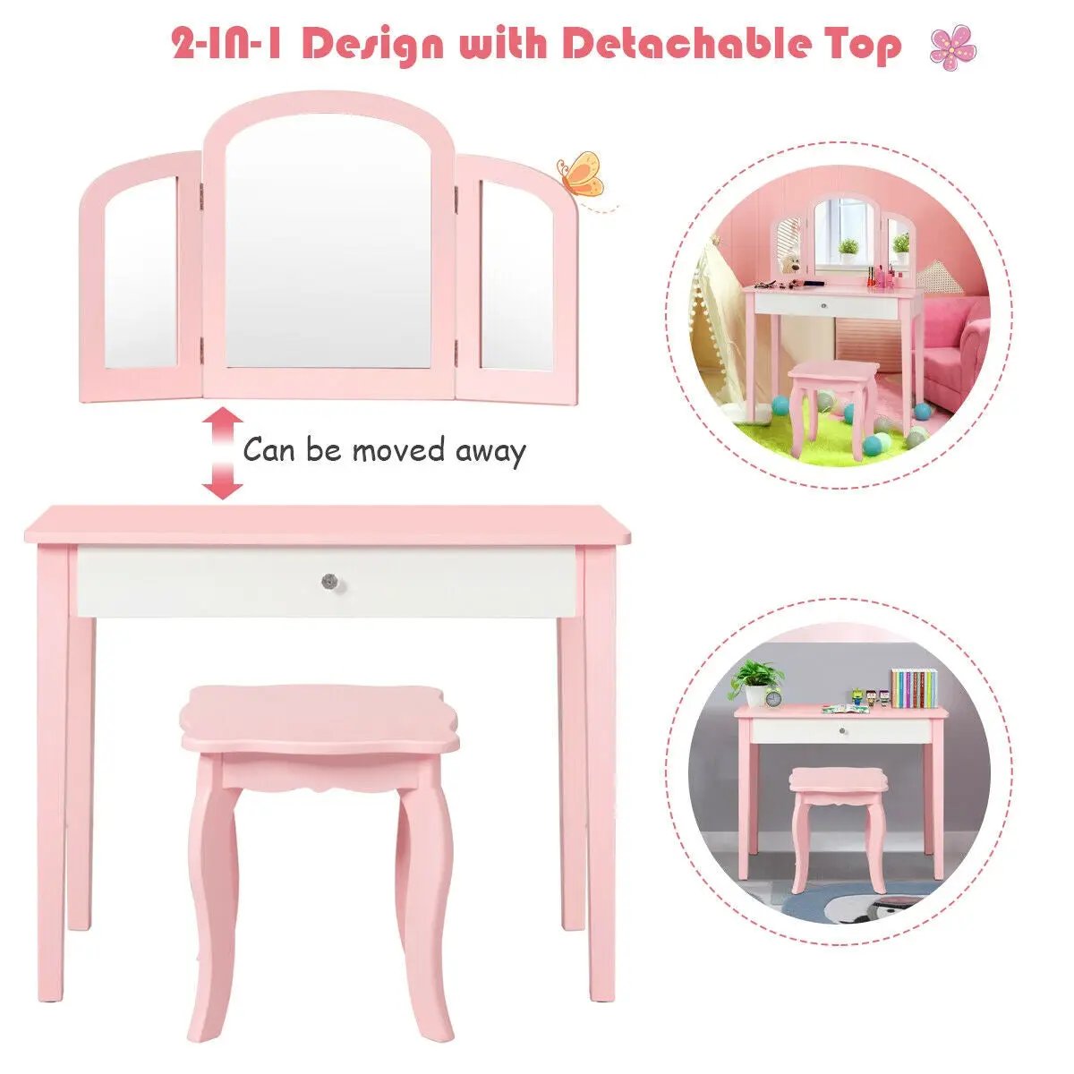 Kids Princess Make Up Dressing Table with Tri-folding Mirror and Chair by DirectDeals