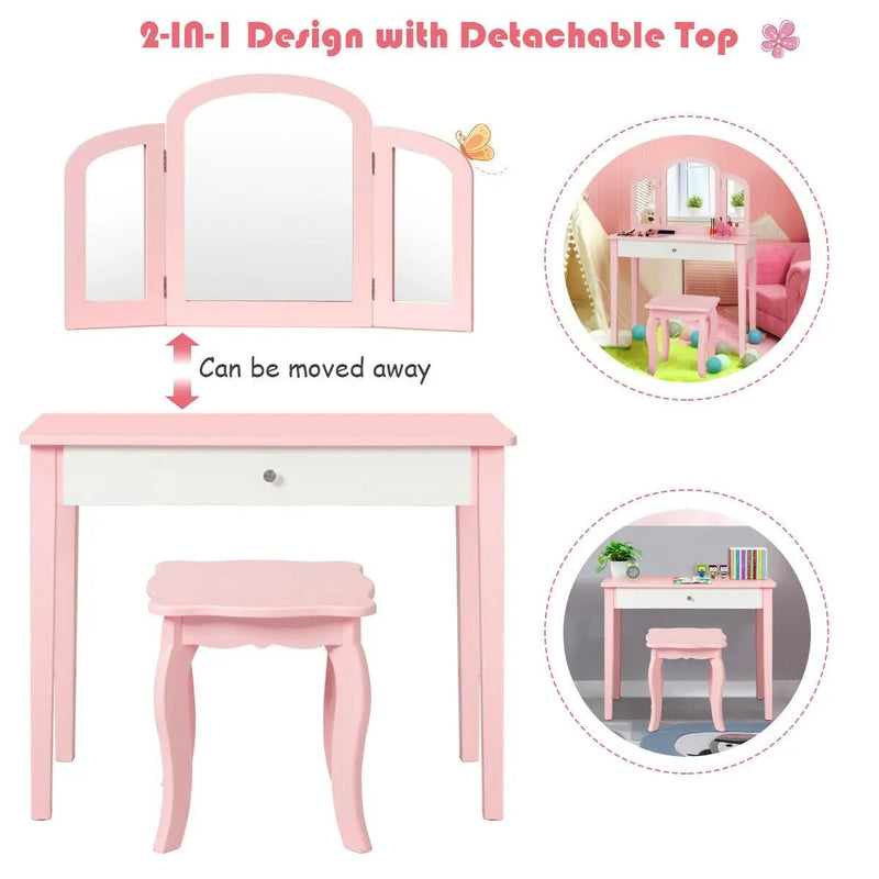Kids Princess Make Up Dressing Table with Tri-folding Mirror and Chair by DirectDeals