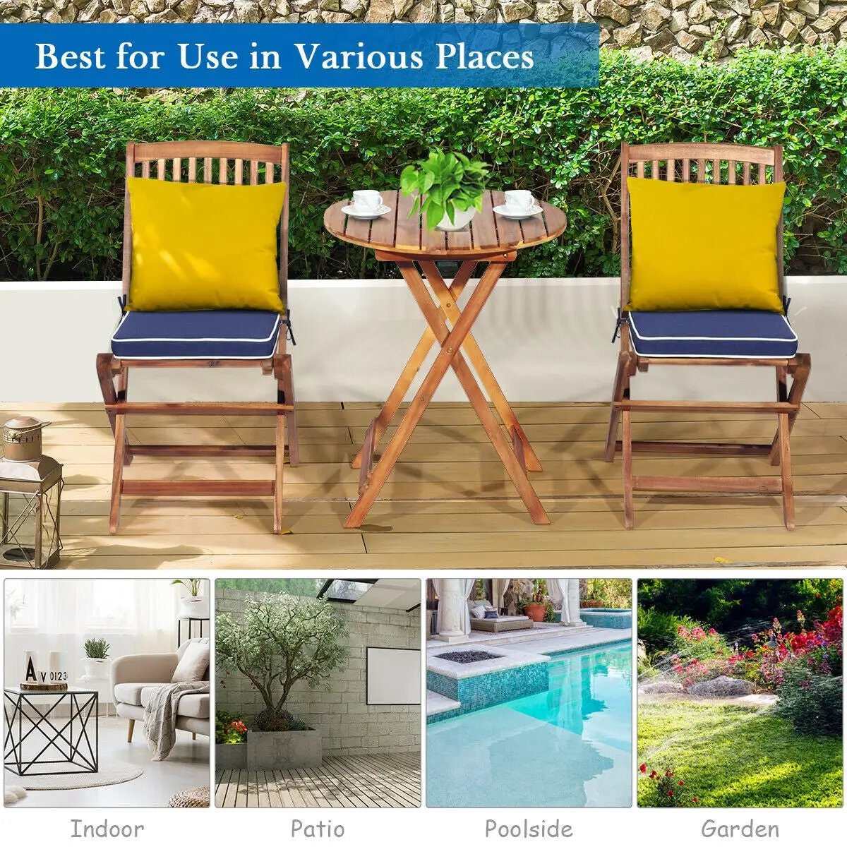 3 Pieces Patio Folding Bistro Set with Padded Cushion and Round Coffee Table-Navy by DirectDeals