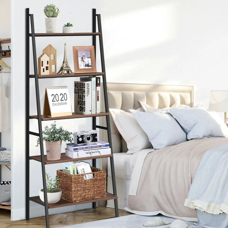 5 Tier Leaning Bookshelf Wood Metal Bookcase by DirectDeals