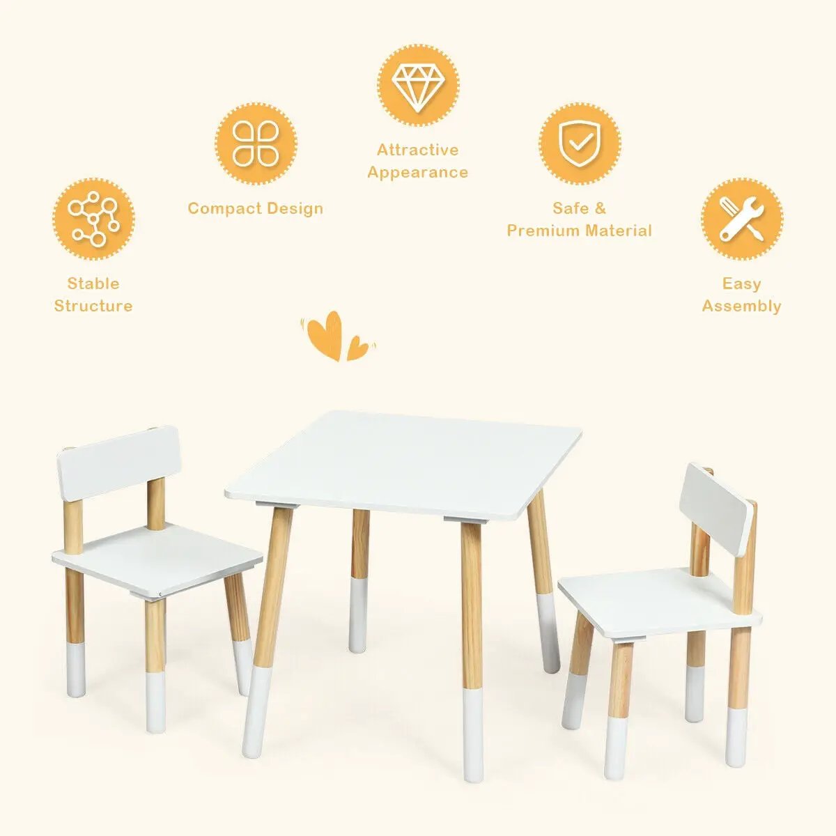 Kids Wooden Table and 2 Chairs Set-White by DirectDeals