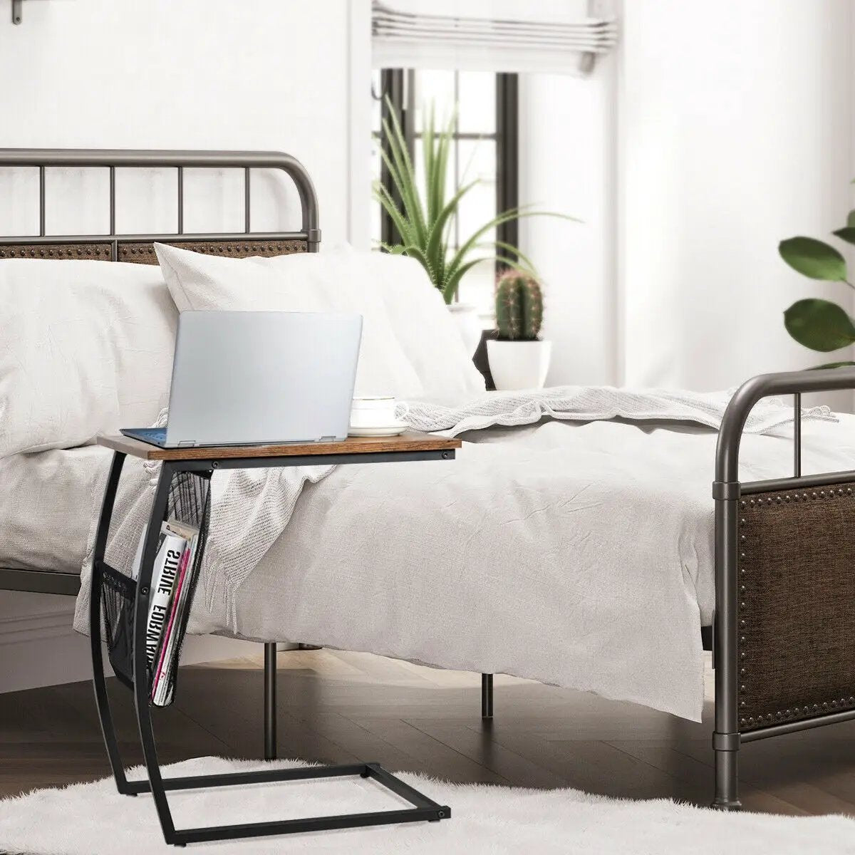 C-shaped Vintage End Table with Side Pocket and Metal Frame by DirectDeals
